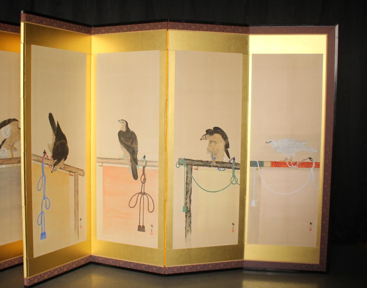 B77 Antiguo biombo japonés de 6 paneles, Halconero en venta 4