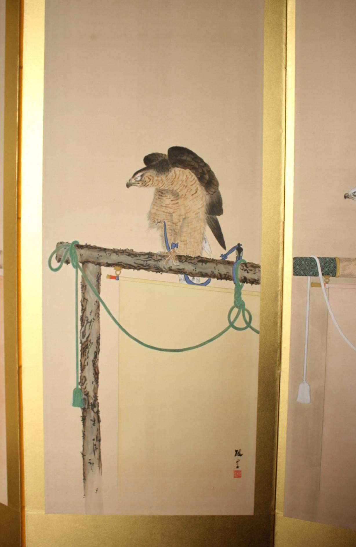 B77 Antiguo biombo japonés de 6 paneles, Halconero en venta 5