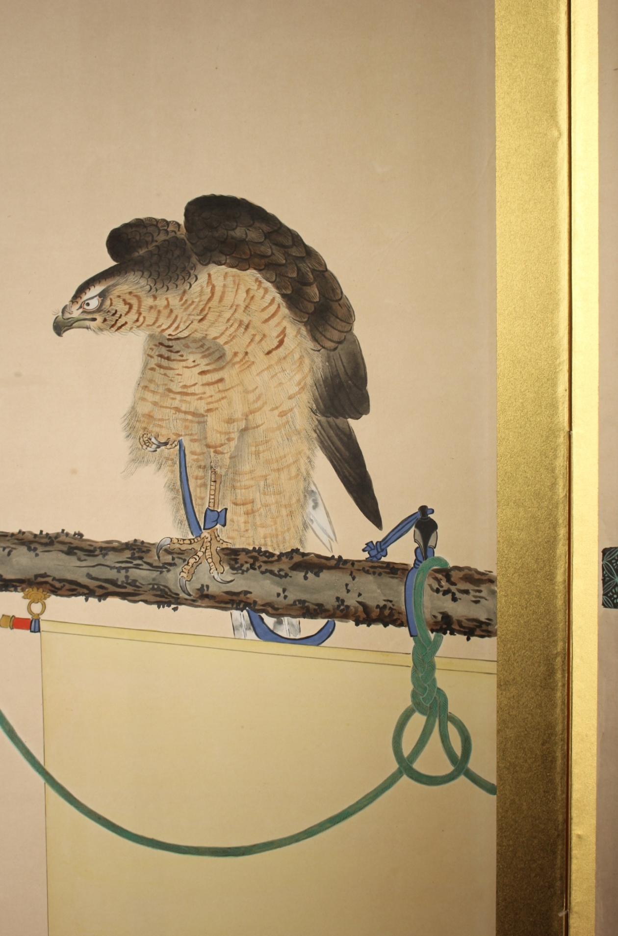 B77 Antiguo biombo japonés de 6 paneles, Halconero en venta 6