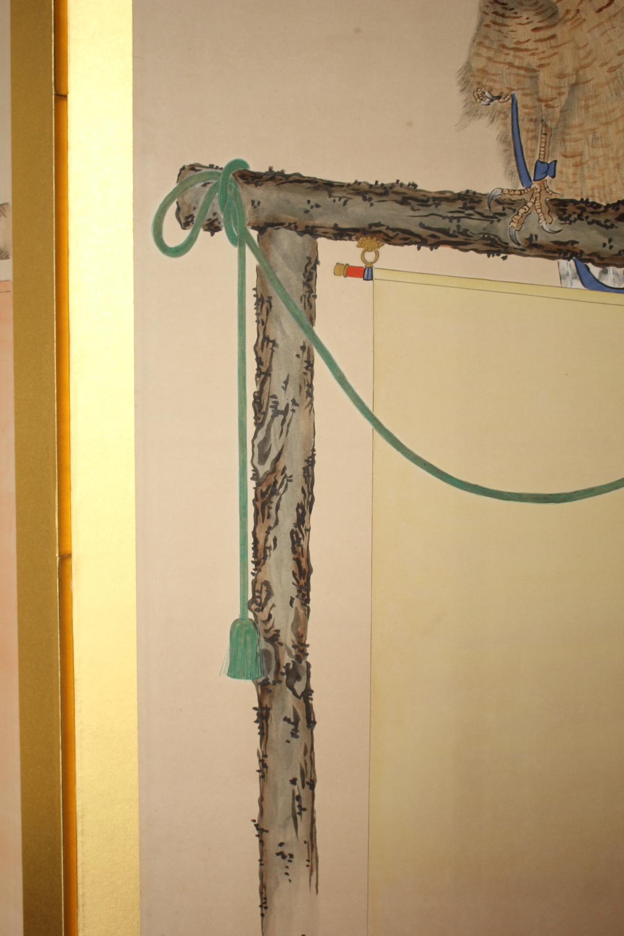 B77 Antiguo biombo japonés de 6 paneles, Halconero en venta 7