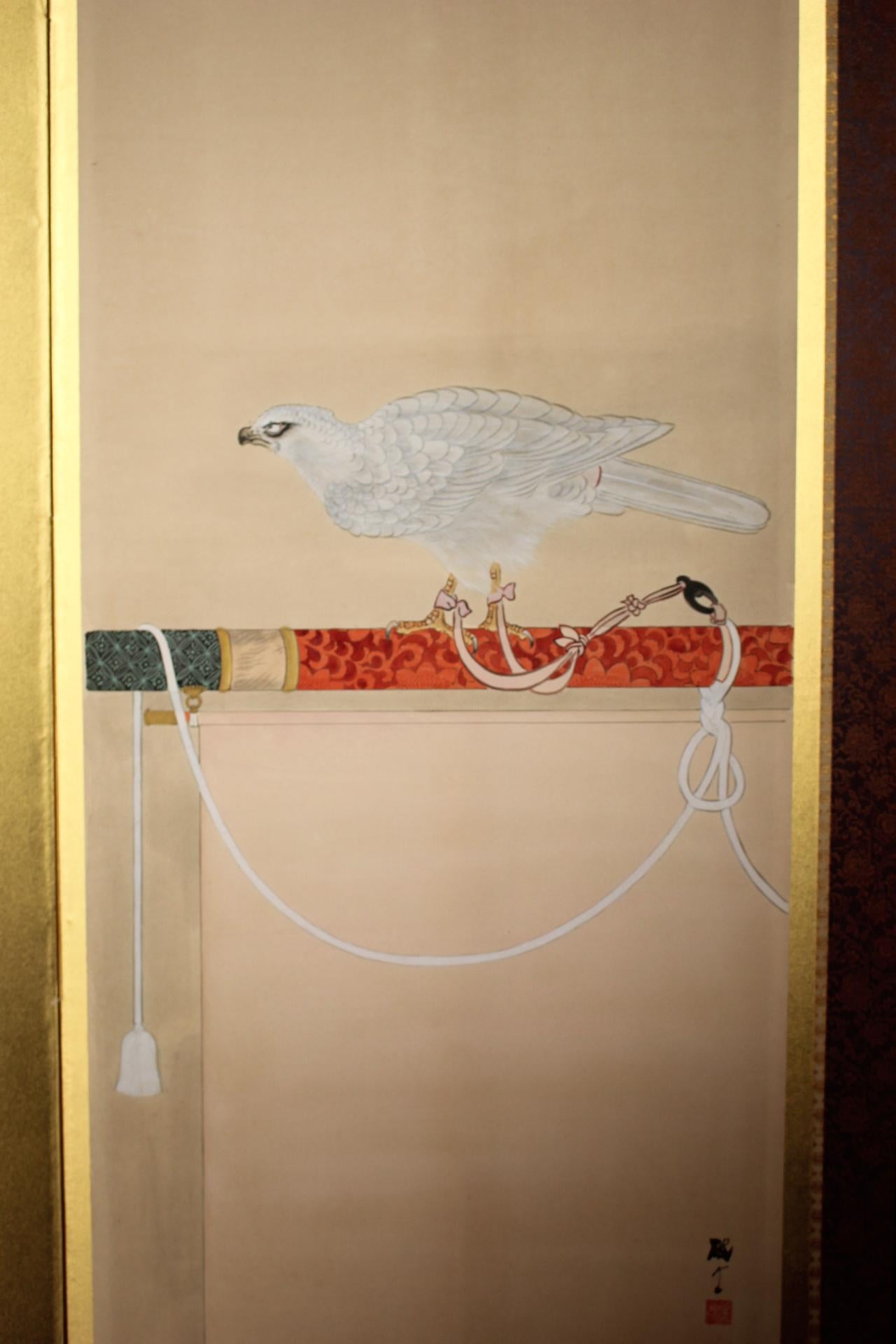 B77 Antiguo biombo japonés de 6 paneles, Halconero en venta 8