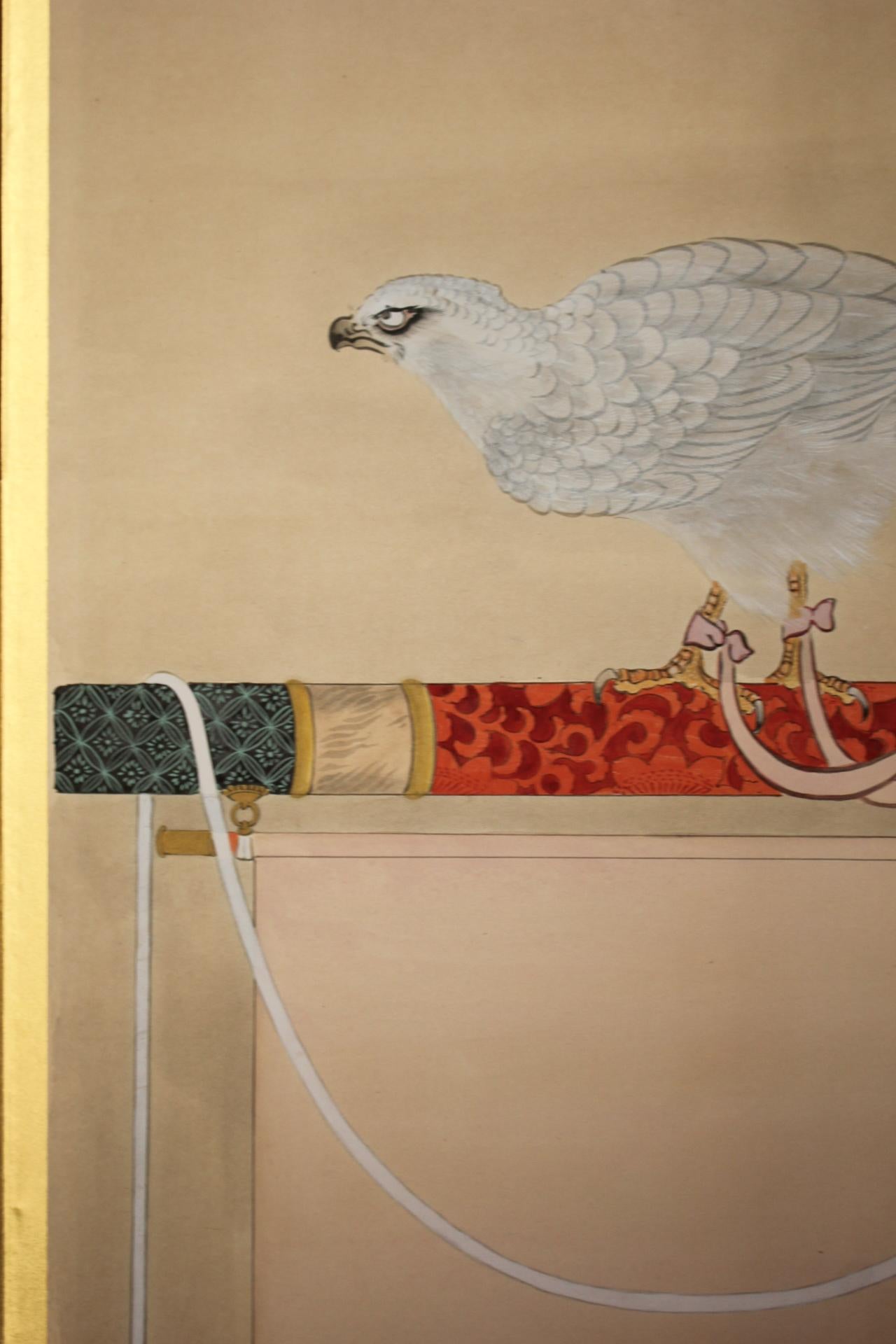 B77 Antiguo biombo japonés de 6 paneles, Halconero en venta 9