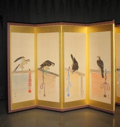 B77 Old Japanese 6panels folding Screen, Hawk Falconer
