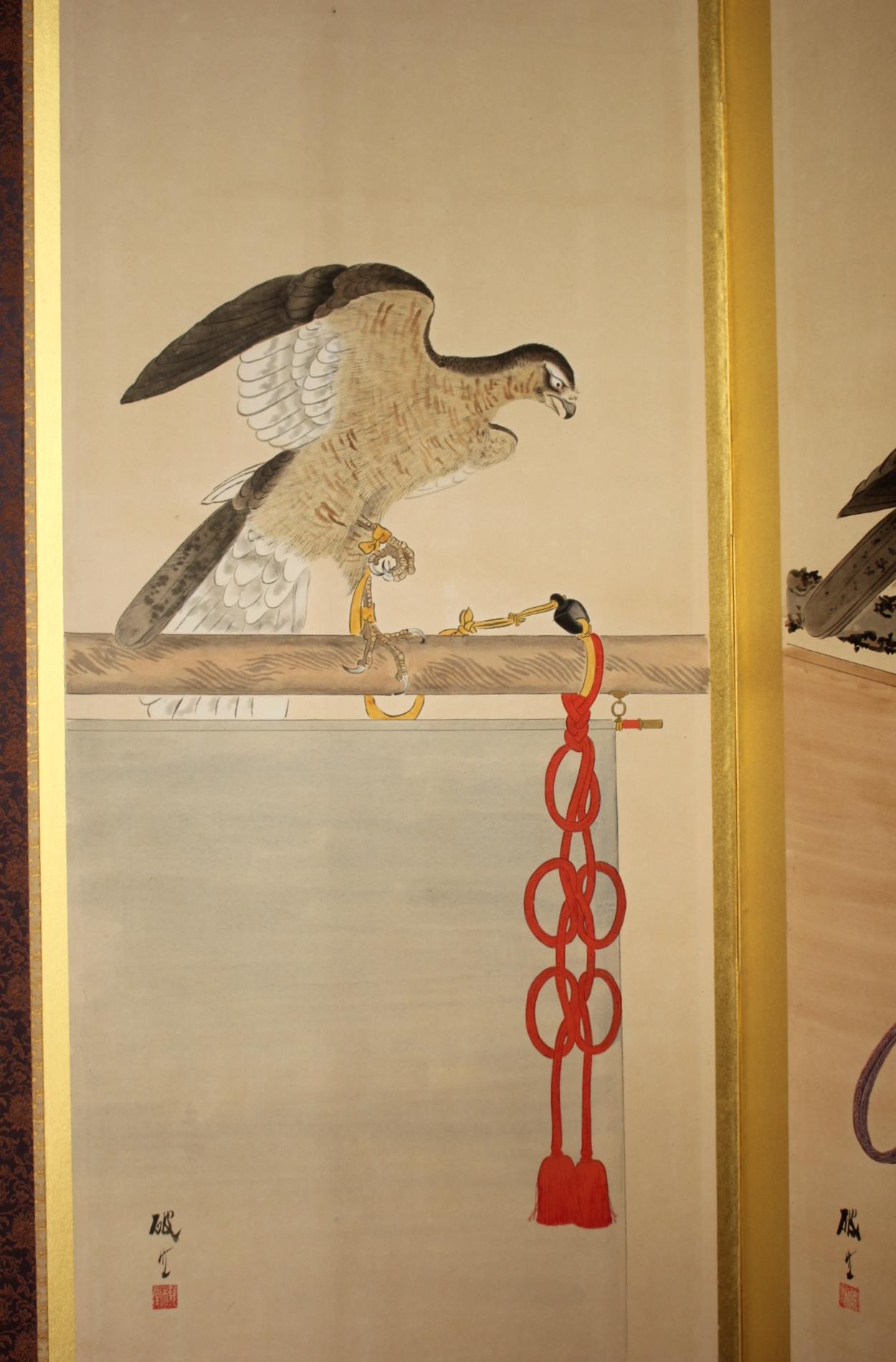 B77 Antiguo biombo japonés de 6 paneles, Halconero Pintado a mano en venta