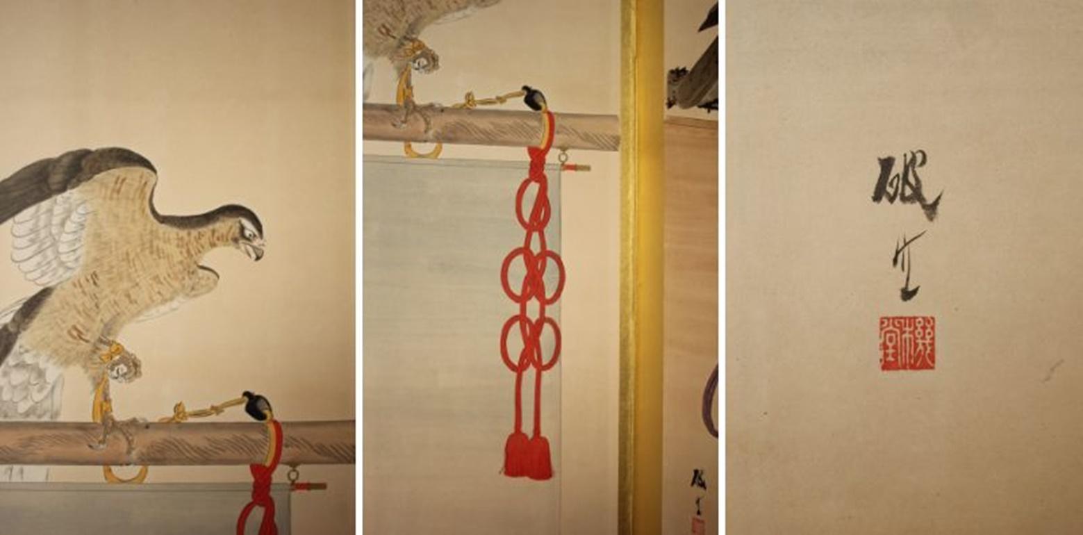 B77 Antiguo biombo japonés de 6 paneles, Halconero en Bueno estado para la venta en Niiza, JP