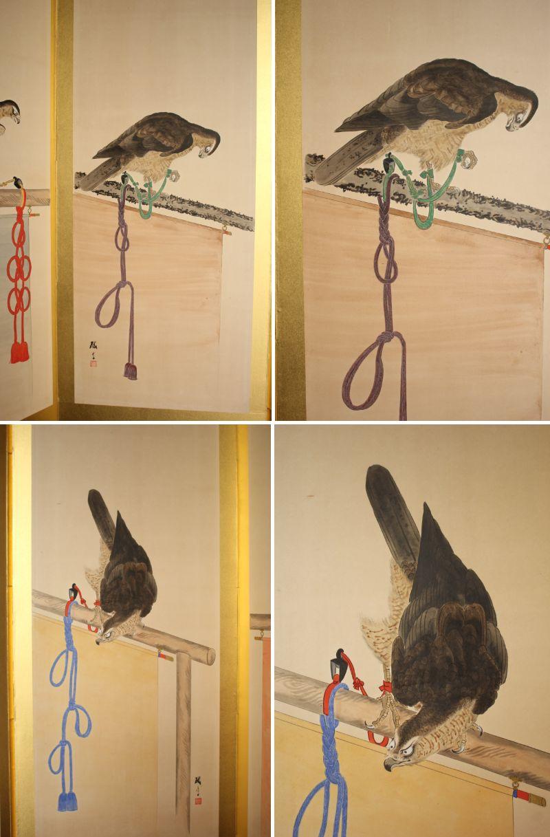 B77 Antiguo biombo japonés de 6 paneles, Halconero siglo XX en venta