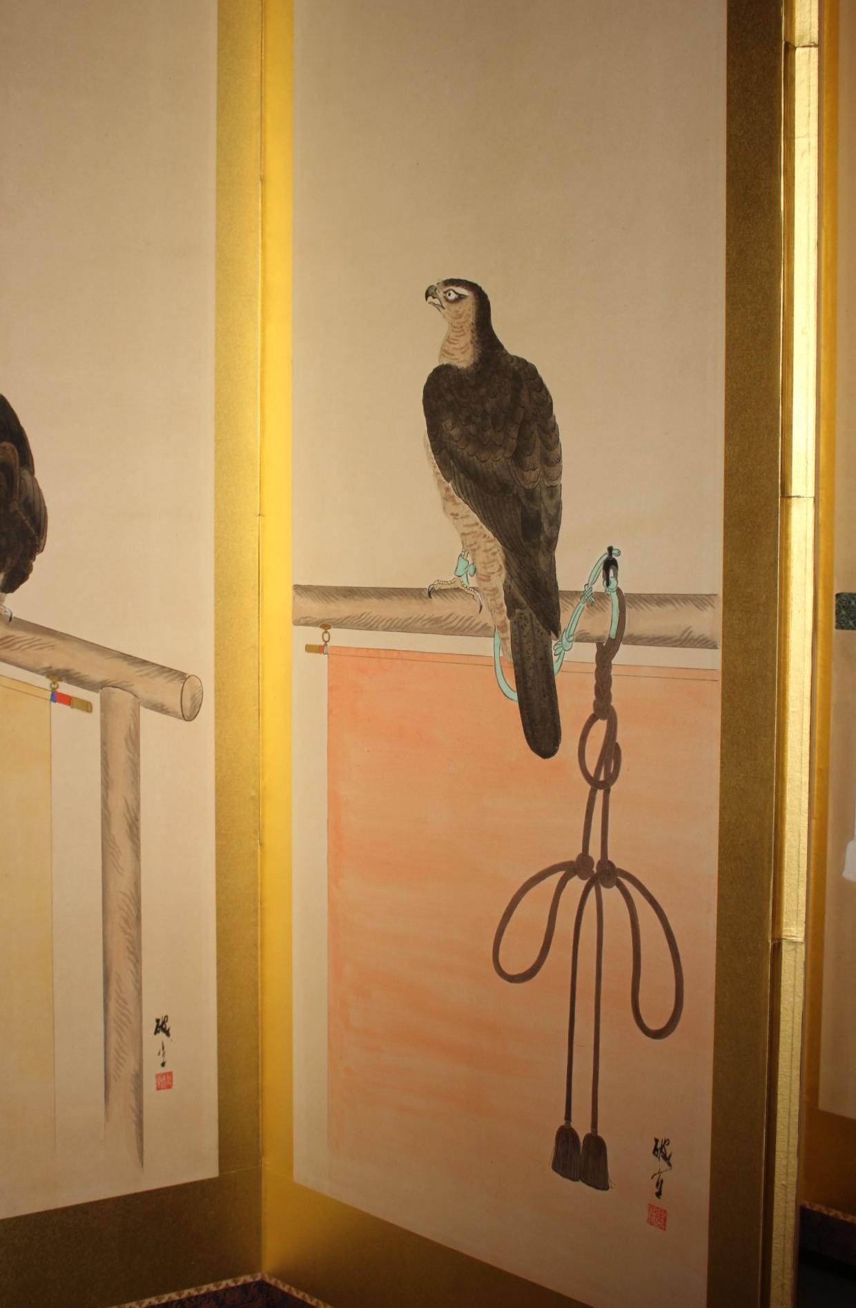 B77 Antiguo biombo japonés de 6 paneles, Halconero en venta 1