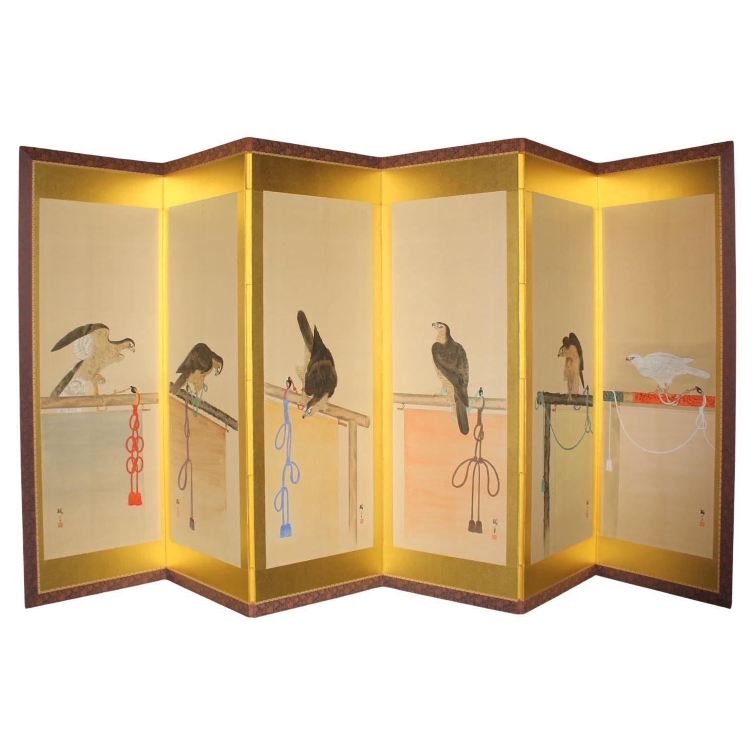 B77 Alter japanischer 6-Panel-Faltschirm, Hawk Falconer