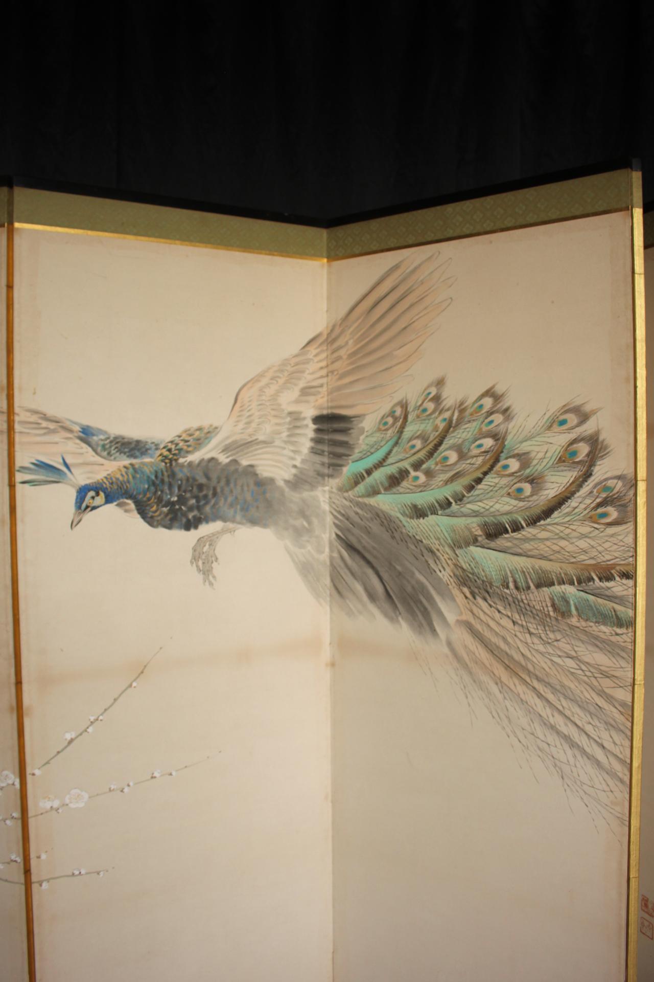 B78 Antigüedades Japonesas 6paneles, Flores de Ciruelo Blancas y Pavo Real, Biombo plegable en venta 3