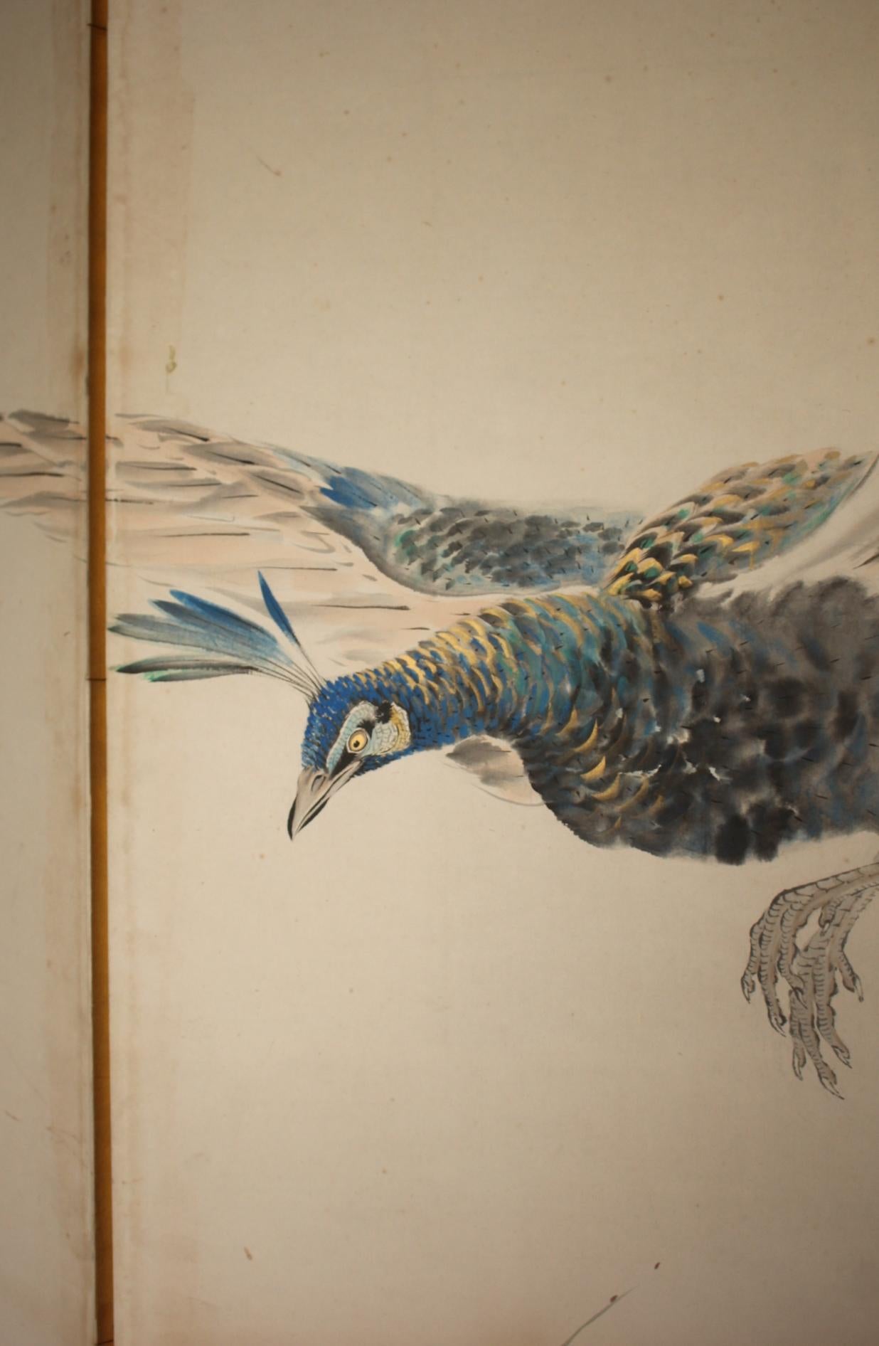 B78 Antigüedades Japonesas 6paneles, Flores de Ciruelo Blancas y Pavo Real, Biombo plegable en venta 4