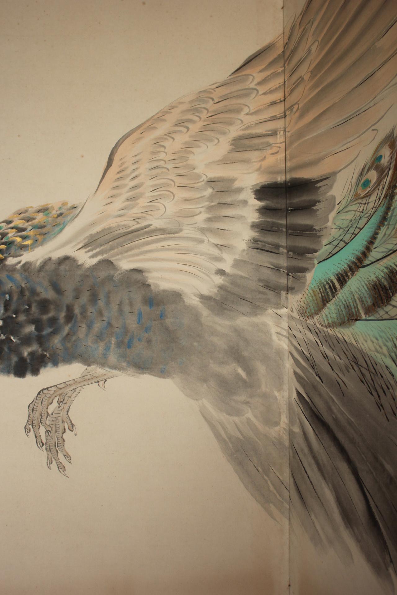 B78 Antigüedades Japonesas 6paneles, Flores de Ciruelo Blancas y Pavo Real, Biombo plegable en venta 5