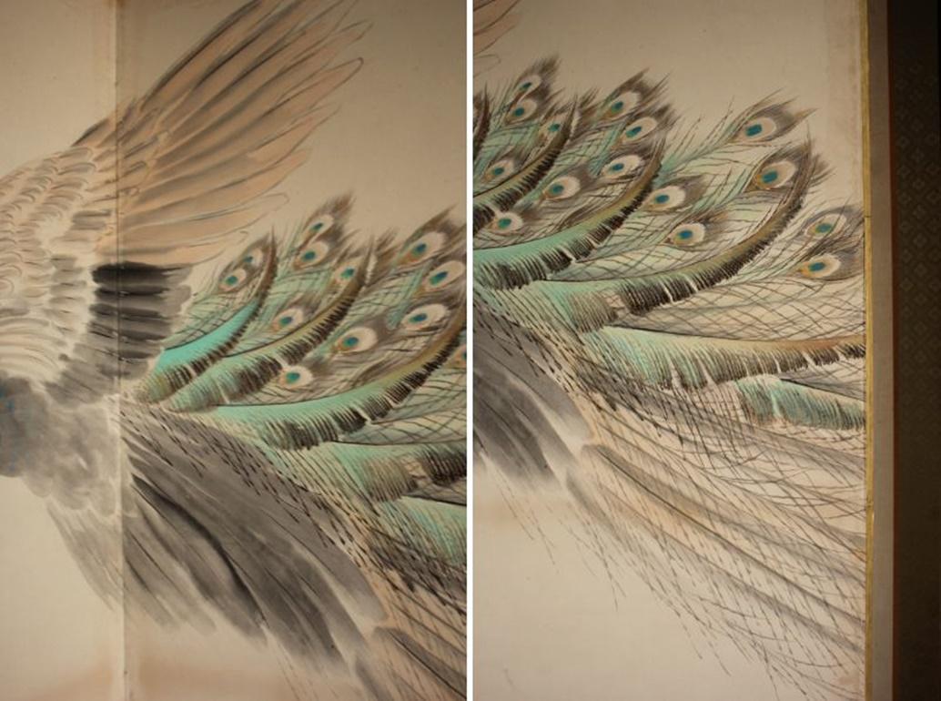 B78 Antigüedades Japonesas 6paneles, Flores de Ciruelo Blancas y Pavo Real, Biombo plegable en venta 6