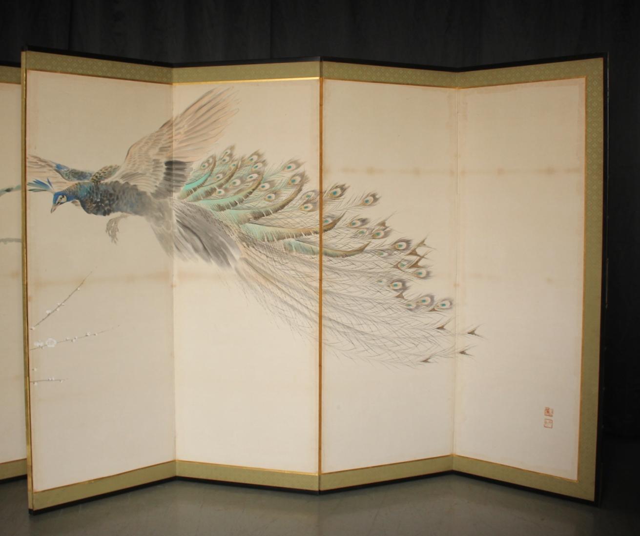 B78 Antigüedades Japonesas 6paneles, Flores de Ciruelo Blancas y Pavo Real, Biombo plegable en venta 7