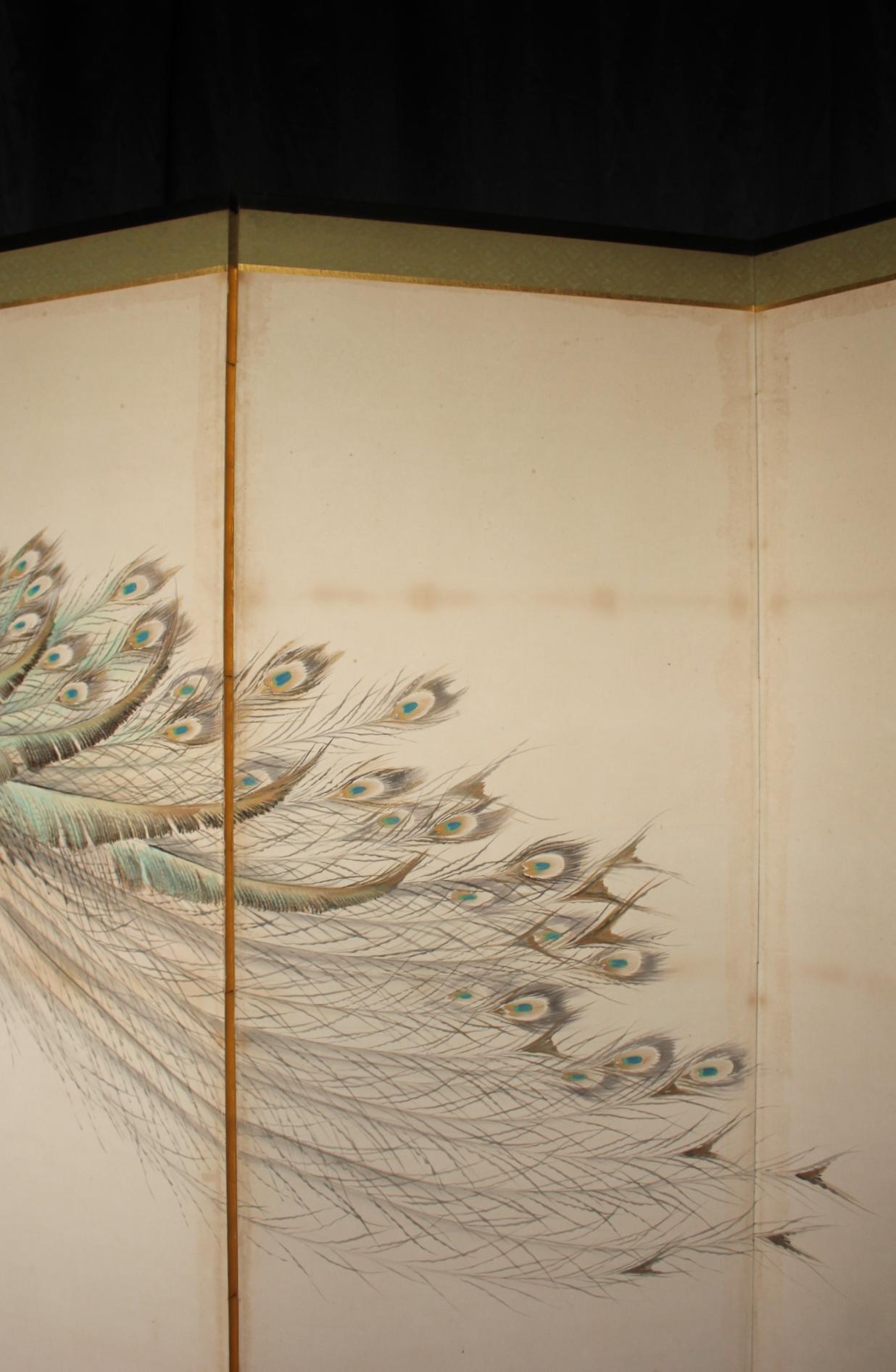 B78 Antigüedades Japonesas 6paneles, Flores de Ciruelo Blancas y Pavo Real, Biombo plegable en venta 8