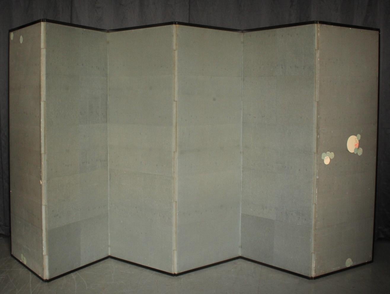 B78 Antigüedades Japonesas 6paneles, Flores de Ciruelo Blancas y Pavo Real, Biombo plegable en venta 11