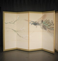 B78 Japanese Antiques 6panels, White Plum Blossoms and Peacock, folding Screen