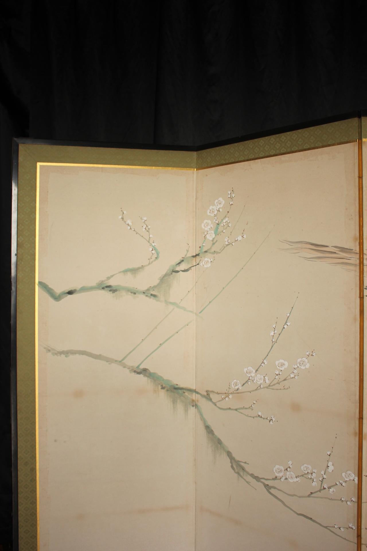 B78 Antigüedades Japonesas 6paneles, Flores de Ciruelo Blancas y Pavo Real, Biombo plegable Japonés en venta