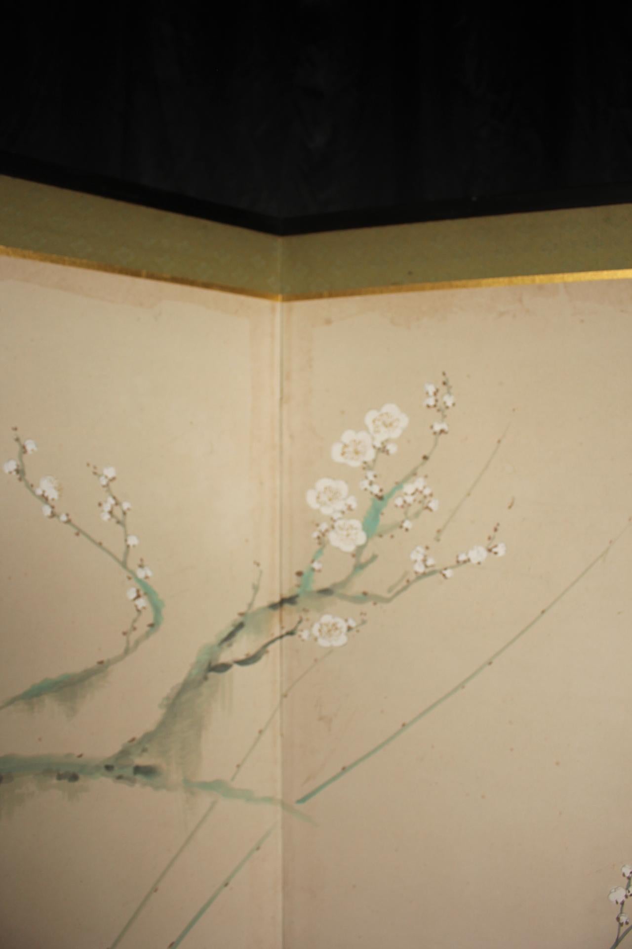 B78 Antigüedades Japonesas 6paneles, Flores de Ciruelo Blancas y Pavo Real, Biombo plegable siglo XX en venta