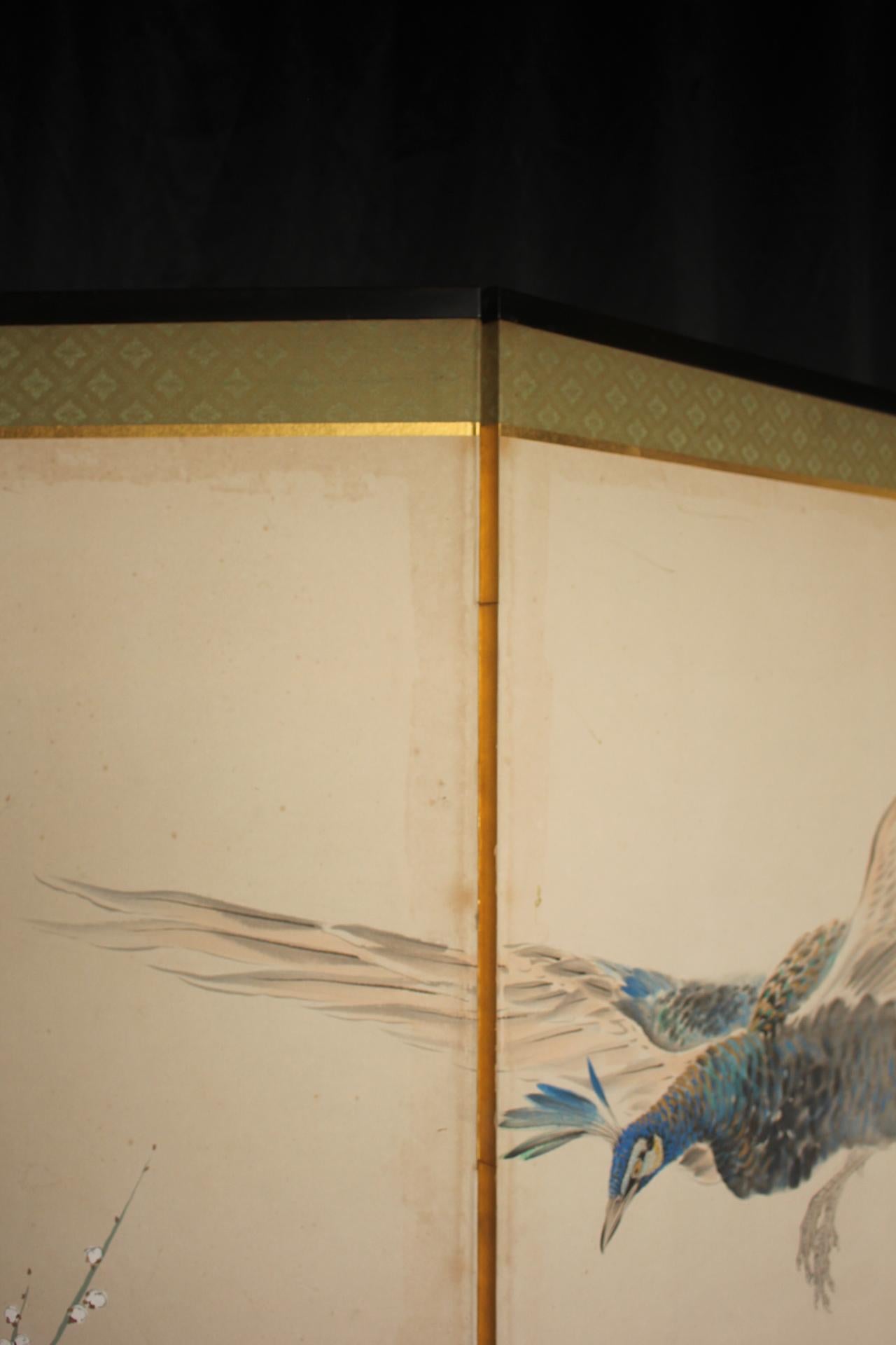 B78 Antigüedades Japonesas 6paneles, Flores de Ciruelo Blancas y Pavo Real, Biombo plegable en venta 2