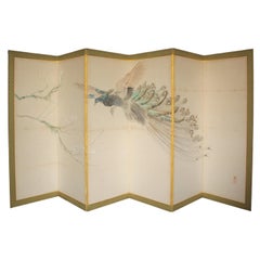 B78 Japanese Antiques 6panels, White Plum Blossoms and Peacock, folding Screen