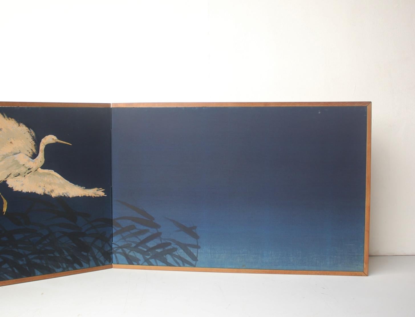 B79 Altjapanische Kunst ein Paravent, Byobu 2panel, Weißer Reiher gefärbter Stoff im Angebot 6