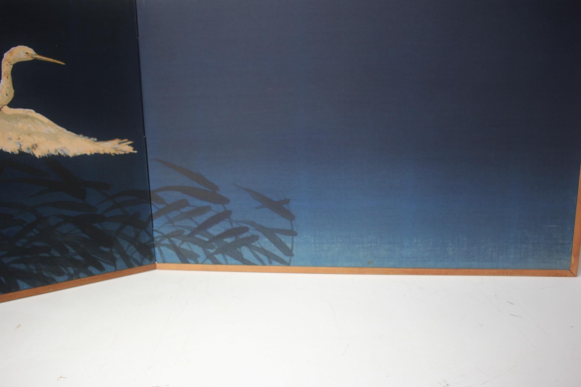 B79 Altjapanische Kunst ein Paravent, Byobu 2panel, Weißer Reiher gefärbter Stoff im Angebot 9