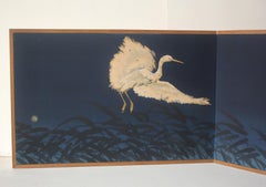 B79 Old Japanese Art a folding screen, Byobu 2panel, White Heron Dyed Fabric