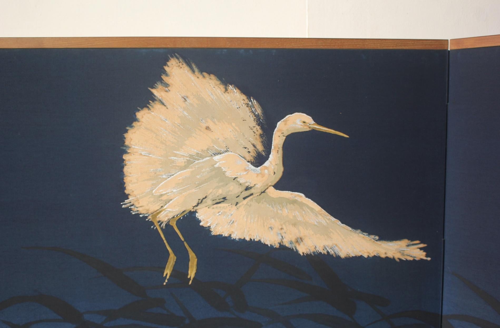 B79 Altjapanische Kunst ein Paravent, Byobu 2panel, Weißer Reiher gefärbter Stoff im Zustand „Relativ gut“ im Angebot in Niiza, JP