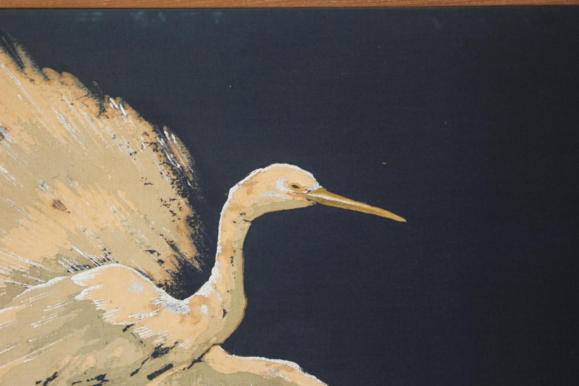 B79 Altjapanische Kunst ein Paravent, Byobu 2panel, Weißer Reiher gefärbter Stoff (20. Jahrhundert) im Angebot