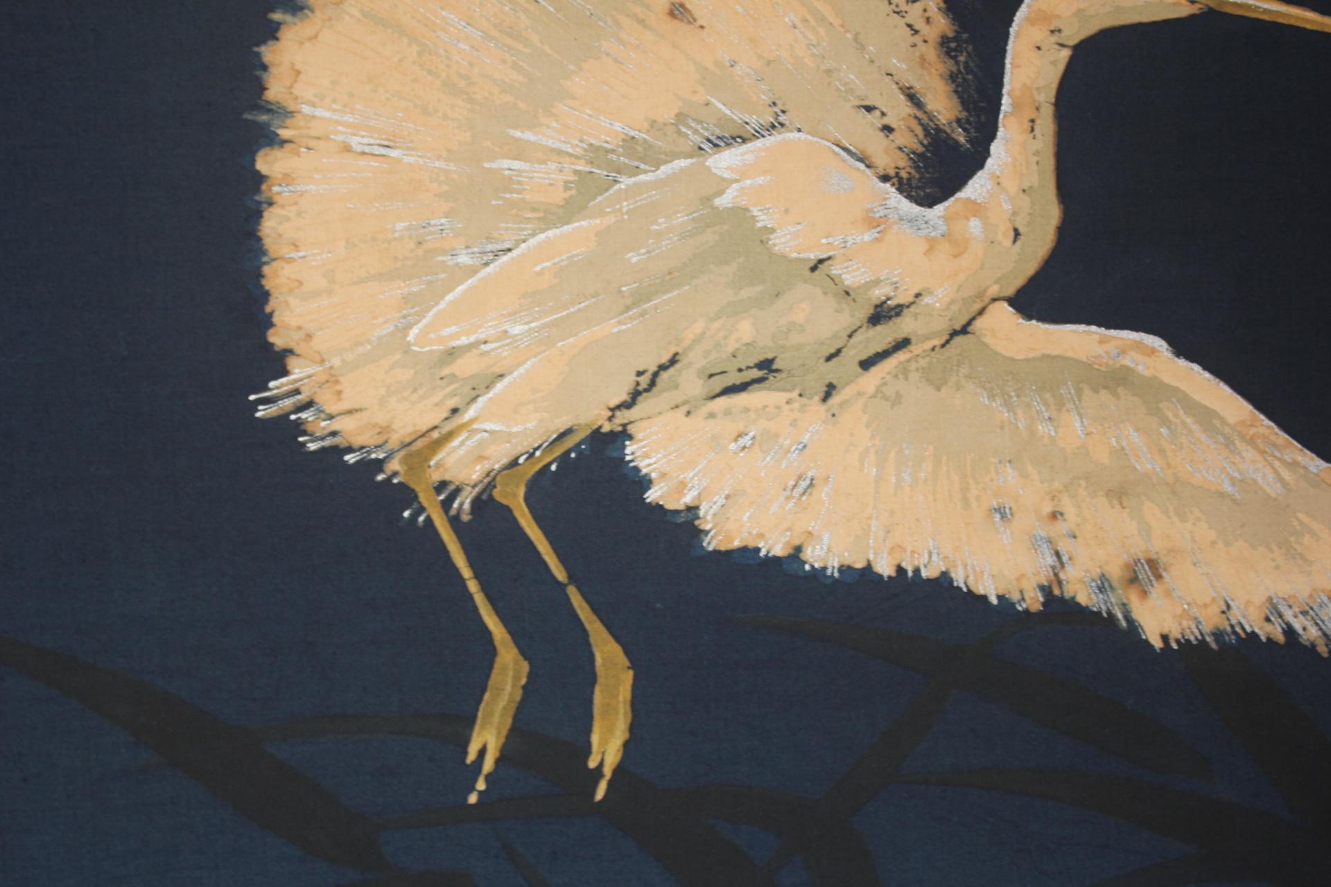 B79 Altjapanische Kunst ein Paravent, Byobu 2panel, Weißer Reiher gefärbter Stoff im Angebot 1