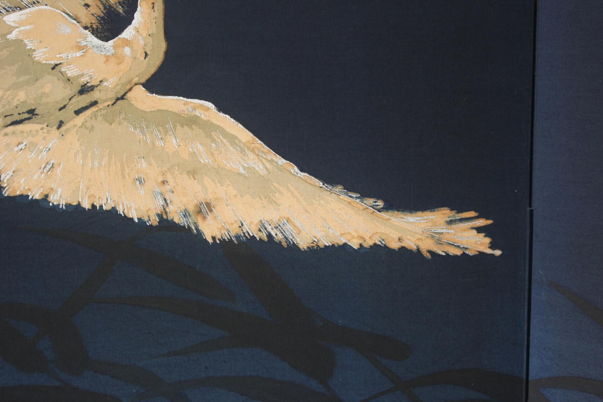 B79 Altjapanische Kunst ein Paravent, Byobu 2panel, Weißer Reiher gefärbter Stoff im Angebot 2