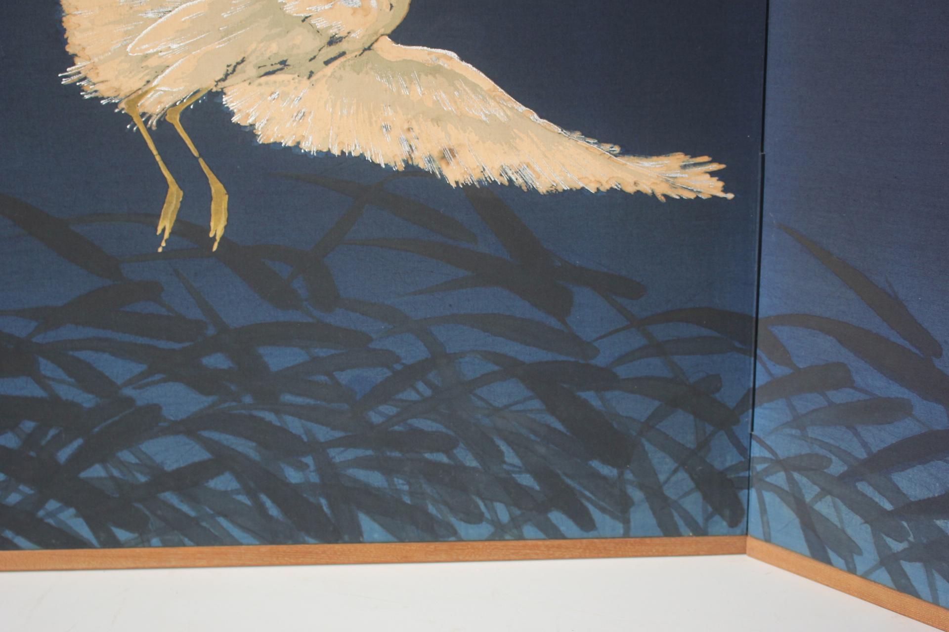 B79 Altjapanische Kunst ein Paravent, Byobu 2panel, Weißer Reiher gefärbter Stoff im Angebot 3