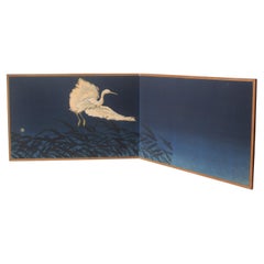 B79 Old Japanese Art a folding screen, Byobu 2panel, White Heron Dyed Fabric