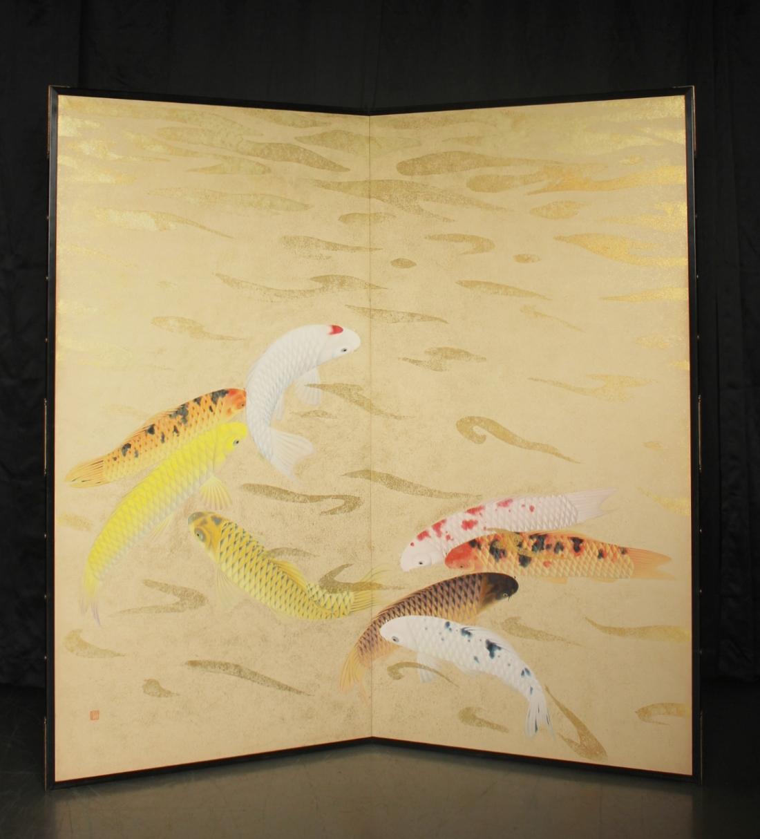 B80 Old Japanese Art two folding screens, Byobu 2panel, Carp in flowing water en venta 4