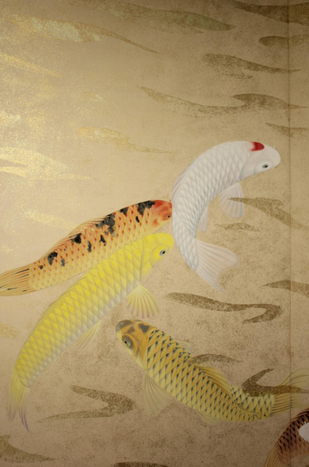 B80 Old Japanese Art two folding screens, Byobu 2panel, Carp in flowing water en venta 6