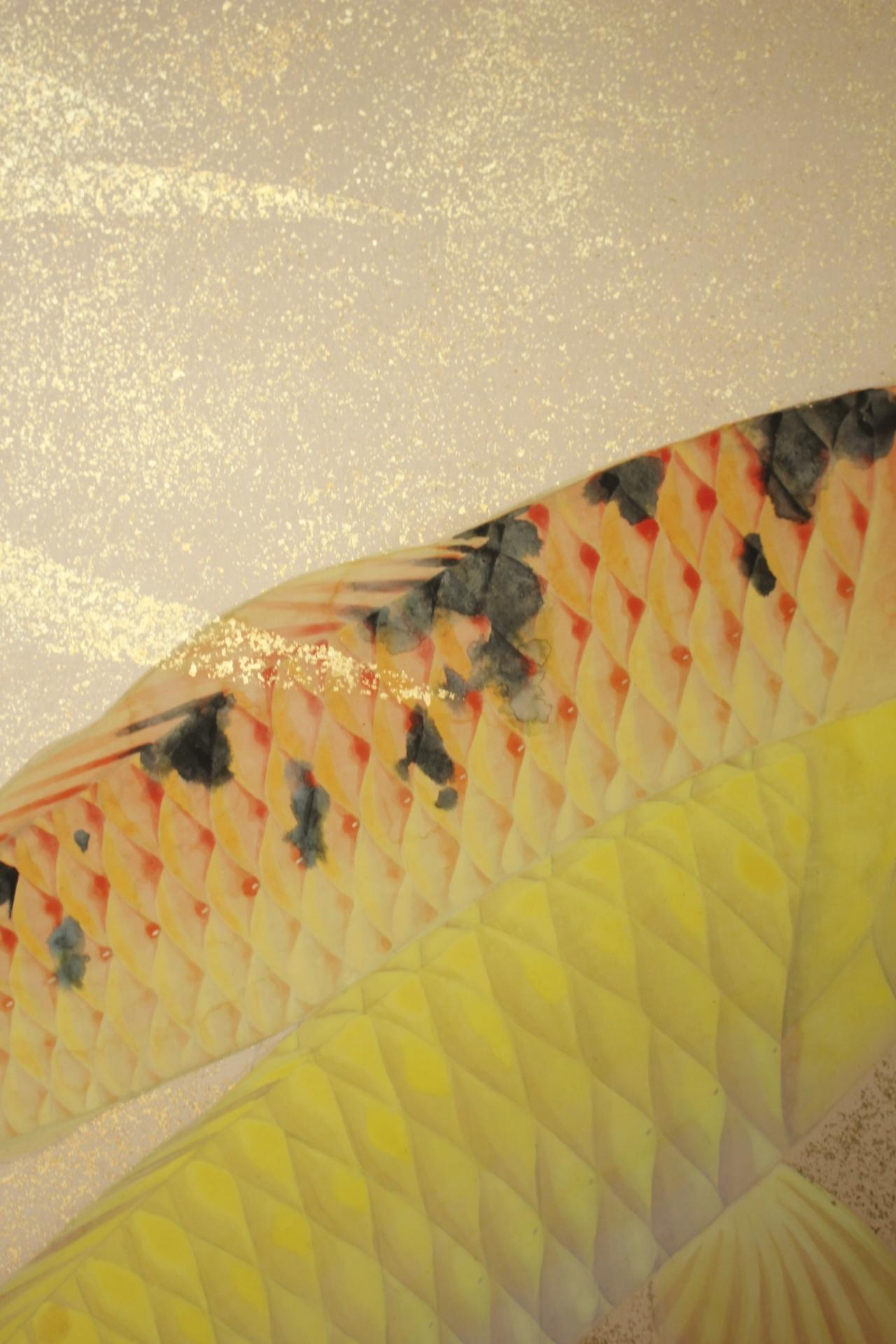 B80 Old Japanese Art two folding screens, Byobu 2panel, Carp in flowing water en venta 7