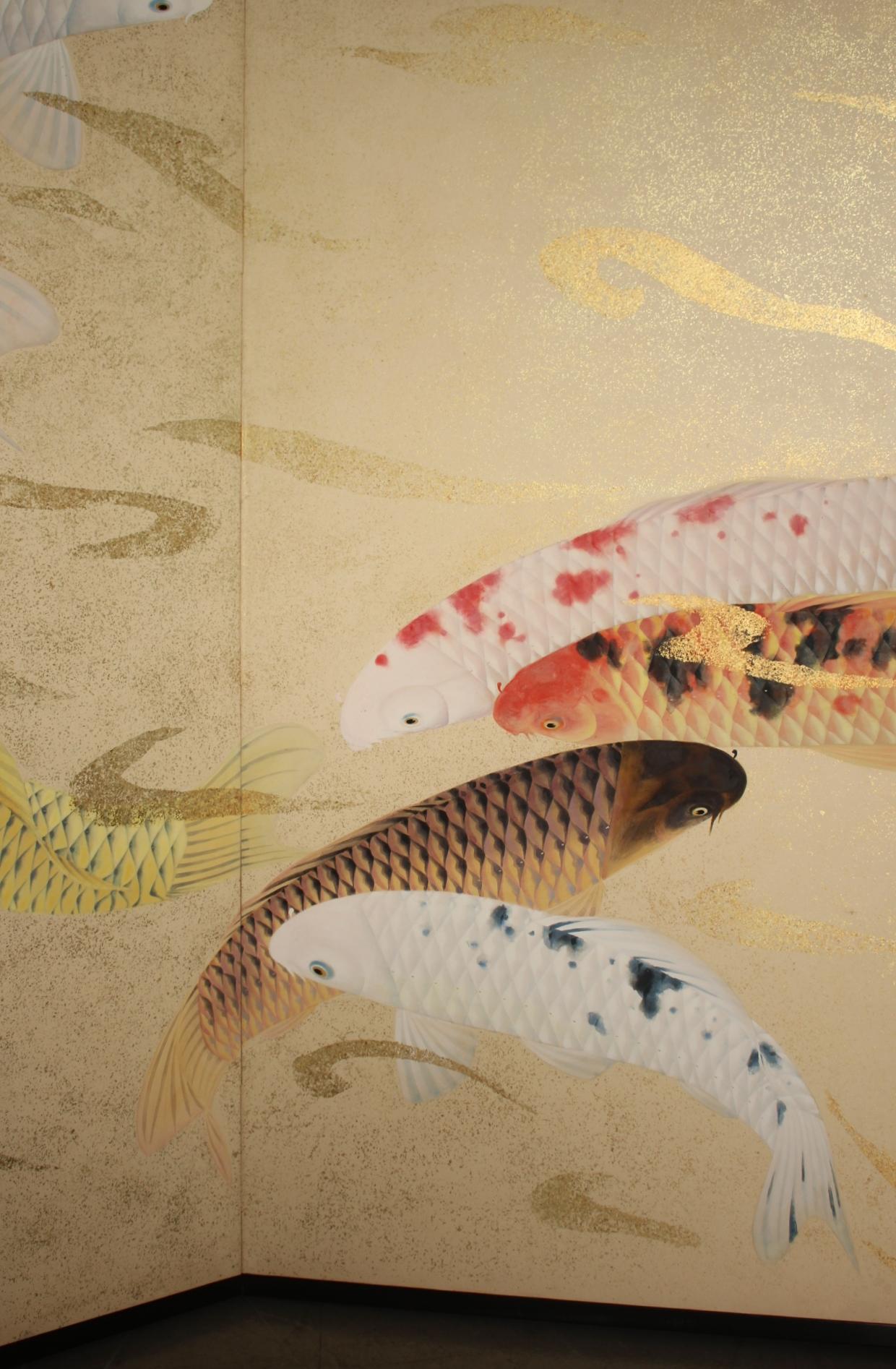 B80 Old Japanese Art two folding screens, Byobu 2panel, Carp in flowing water en venta 8
