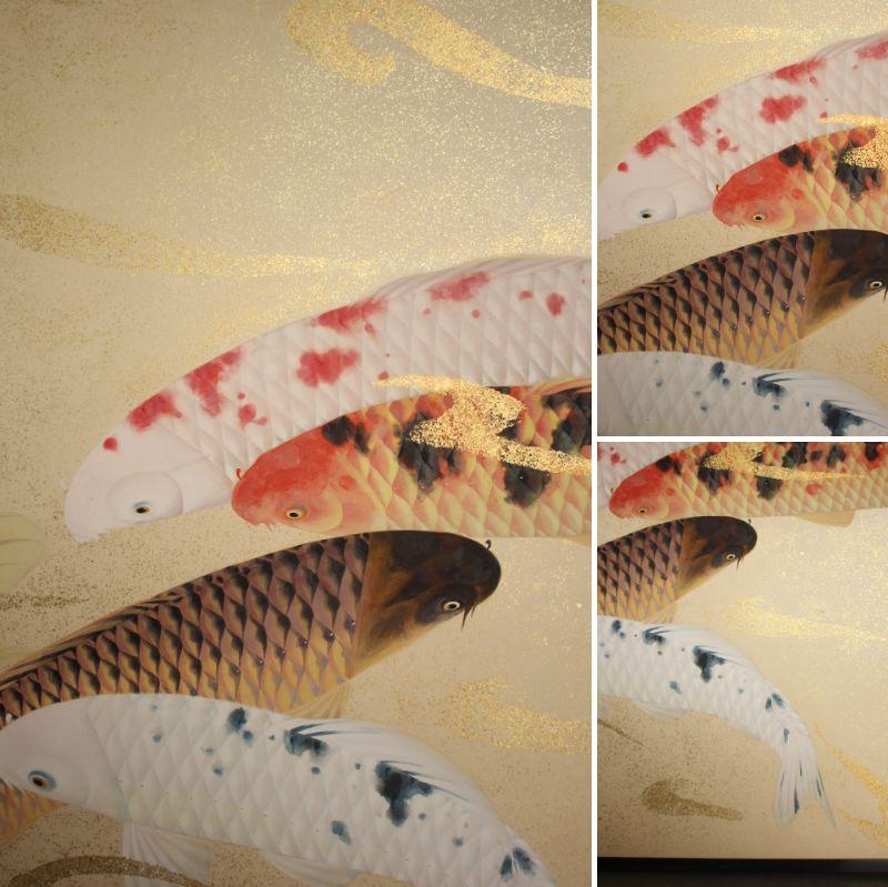 B80 Old Japanese Art two folding screens, Byobu 2panel, Carp in flowing water en venta 9