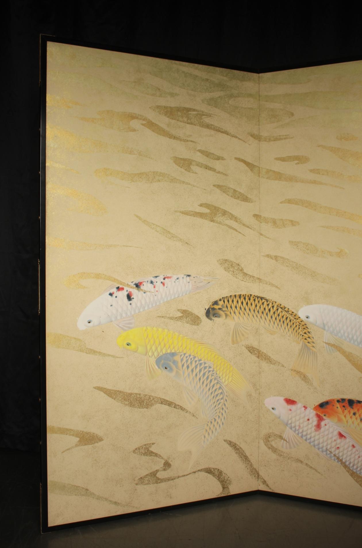 B80 Old Japanese Art two folding screens, Byobu 2panel, Carp in flowing water Japonés en venta