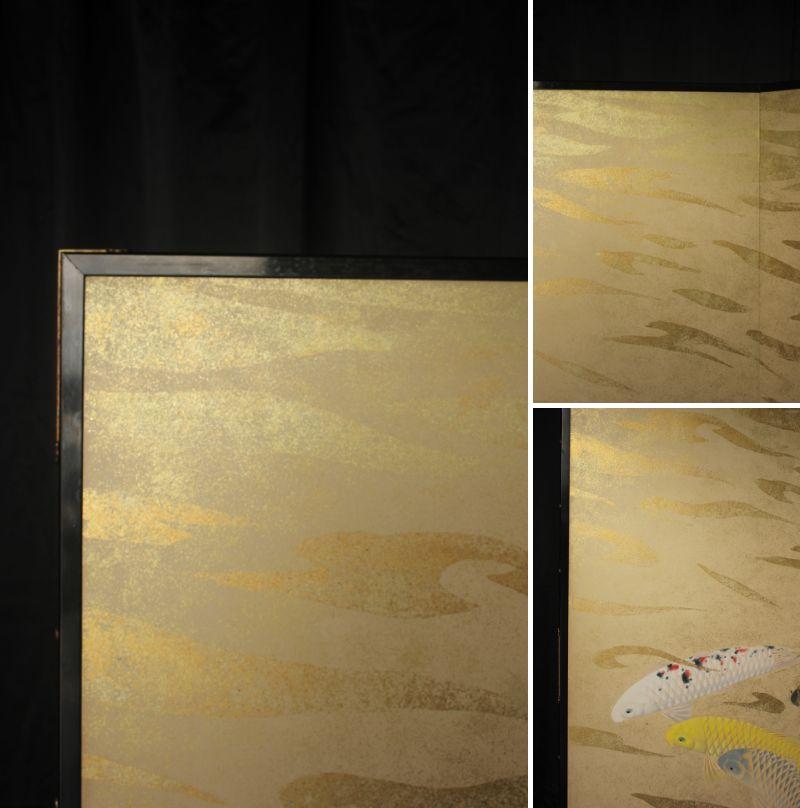 B80 Old Japanese Art two folding screens, Byobu 2panel, Carp in flowing water Pintado a mano en venta