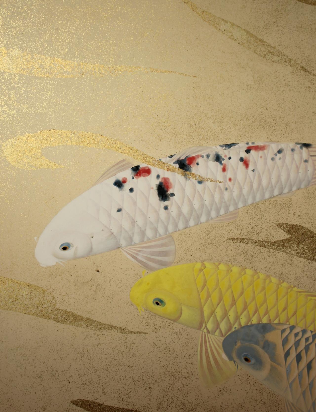 B80 Old Japanese Art two folding screens, Byobu 2panel, Carp in flowing water en Bueno estado para la venta en Niiza, JP