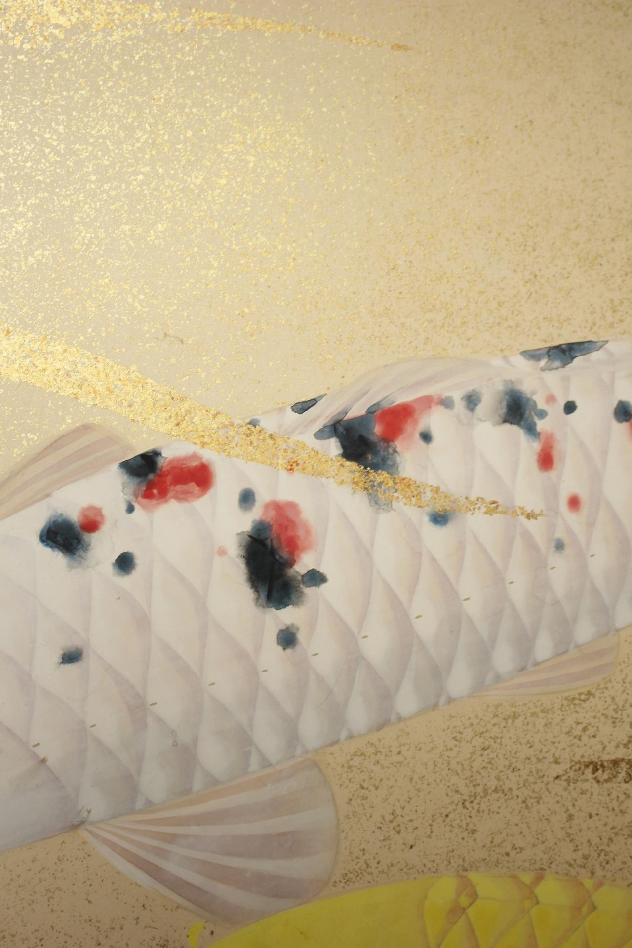 B80 Old Japanese Art two folding screens, Byobu 2panel, Carp in flowing water siglo XX en venta