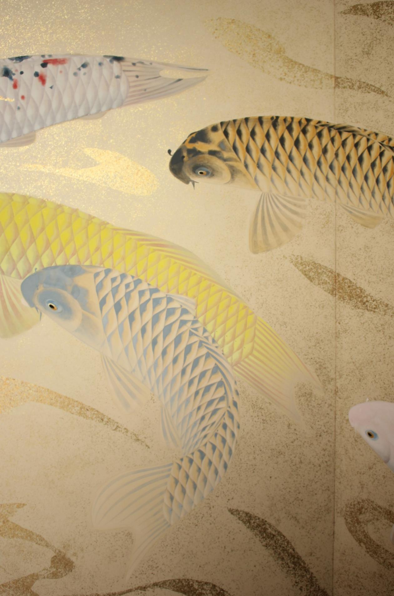 B80 Old Japanese Art two folding screens, Byobu 2panel, Carp in flowing water Papel en venta