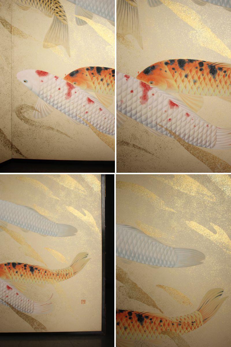 B80 Old Japanese Art two folding screens, Byobu 2panel, Carp in flowing water en venta 1