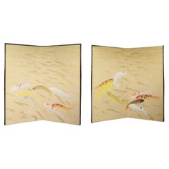 B80 Old Japanese Art two folding screens, Byobu 2panel, Carp in flowing water