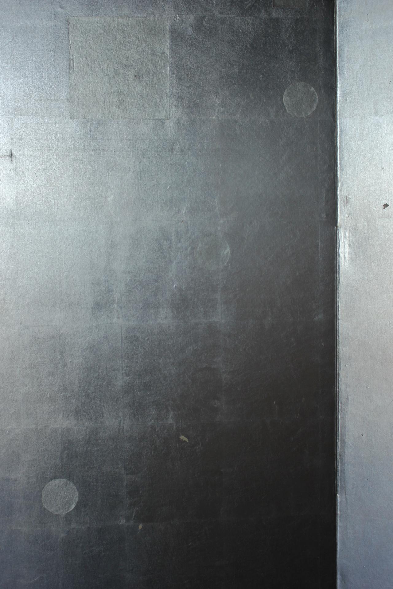 B81 Old Japanese Antiques 6panels, Silver Paper, folding Screen, Black remmed im Angebot 6