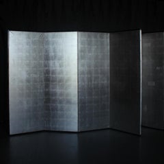 B81 Old Japanese Antiques 6panels, Silver Paper, folding Screen, Black remmed