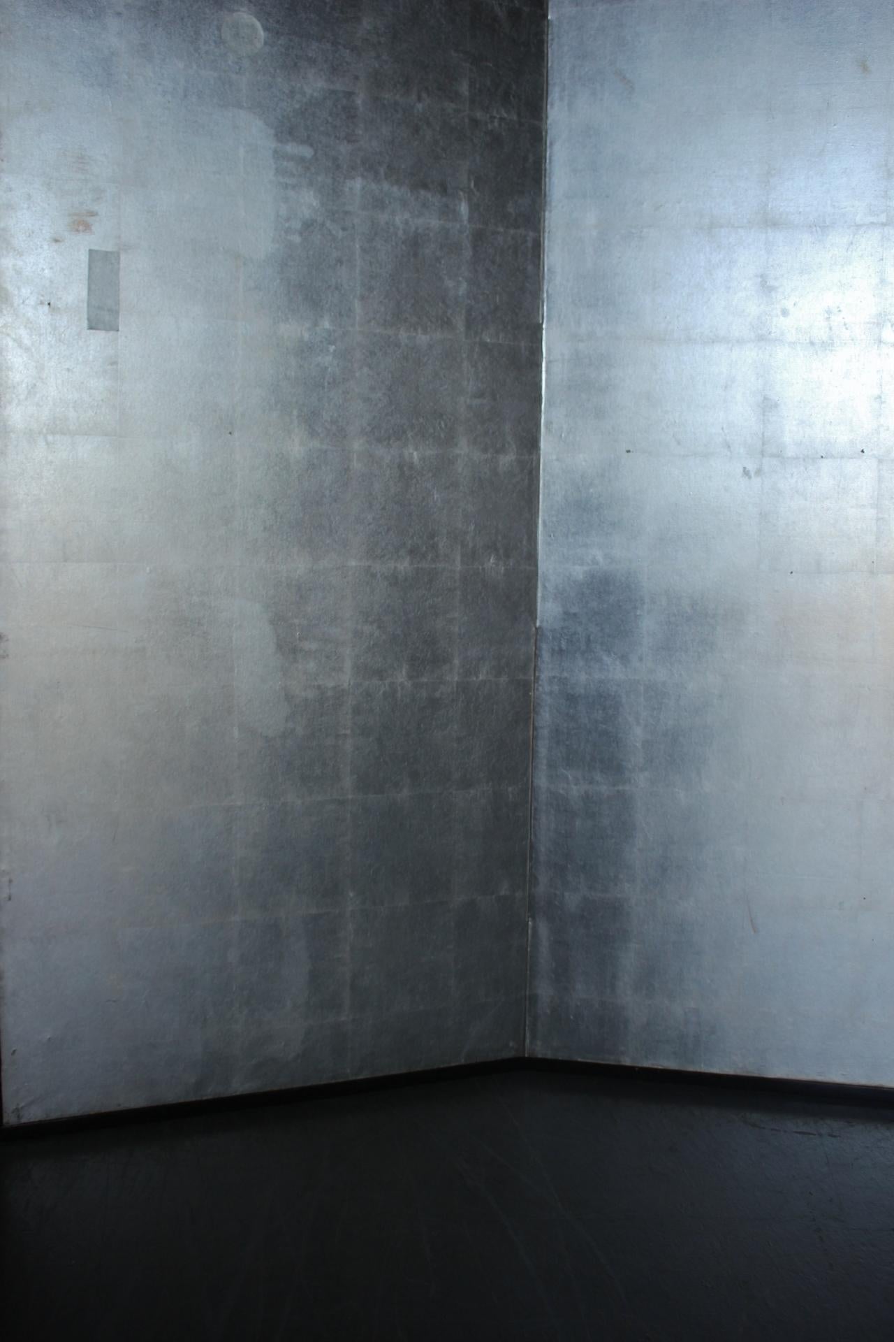 B81 Old Japanese Antiques 6panels, Silver Paper, folding Screen, Black remmed (Papier) im Angebot