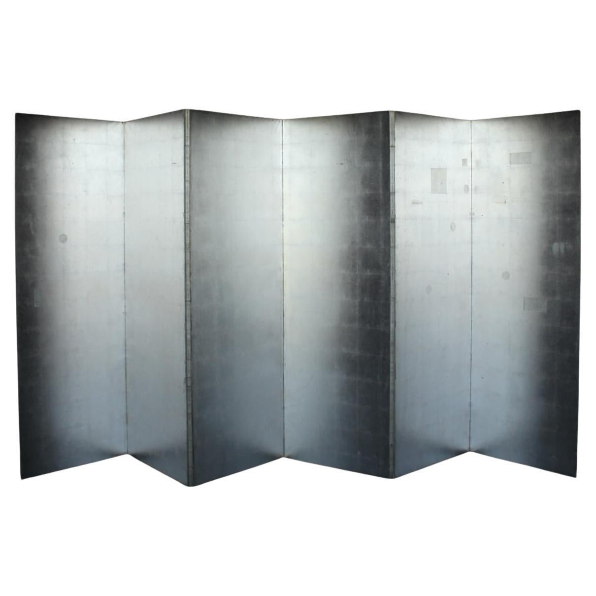 B81 Old Japanese Antiques 6panels, Silver Paper, folding Screen, Black remmed