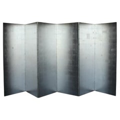B81 Old Japanese Antiques 6panels, Silver Paper, folding Screen, Black remmed